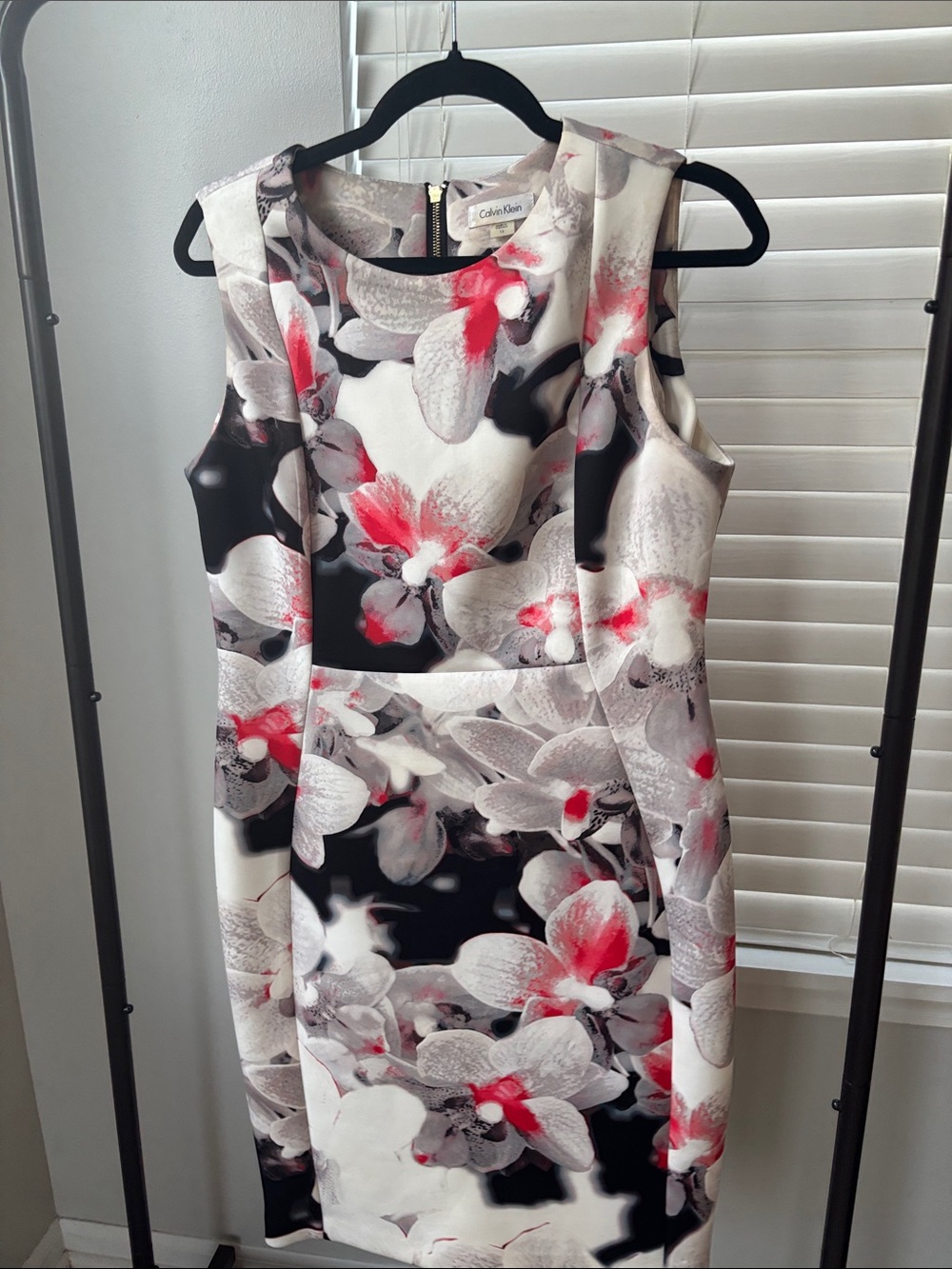 Calvin Klein Black, White & Red Floral Midi Sheath Dress